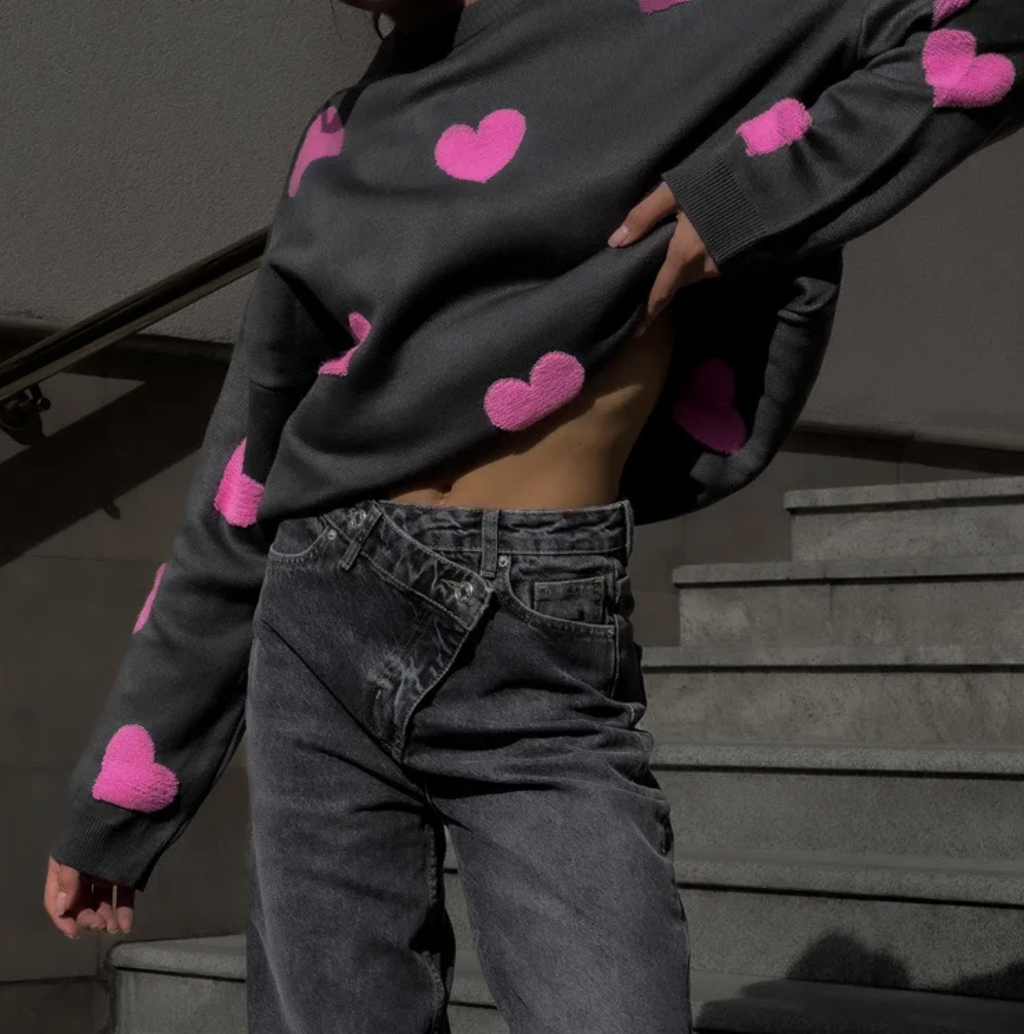 GR - Damen Herzdruck Oversized Pullover