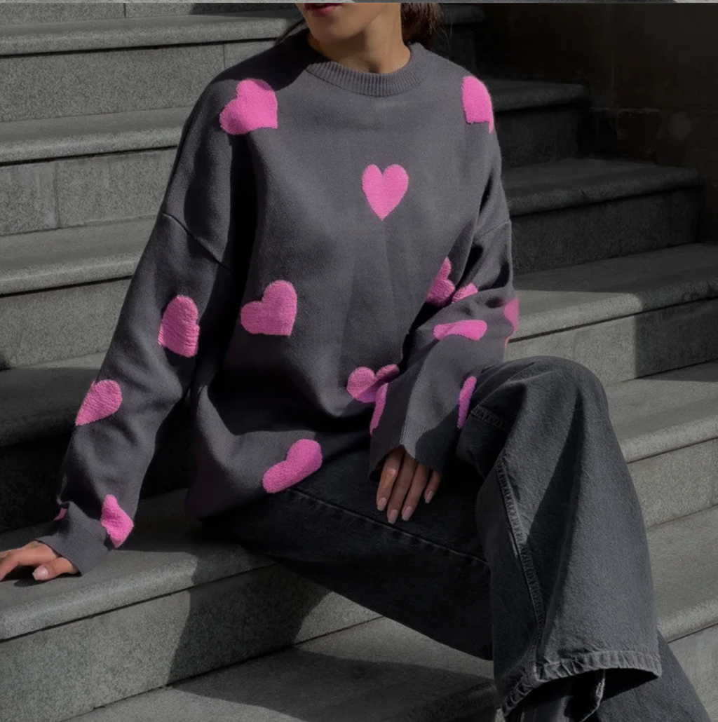GR - Damen Herzdruck Oversized Pullover