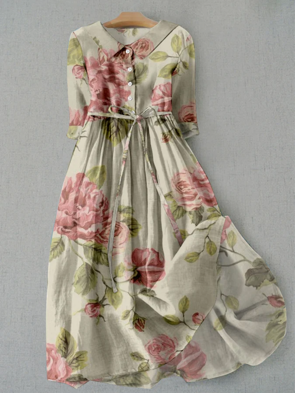 GR | Leinenkleid Mit Blumenmuster Und Knopfleiste Für Damen