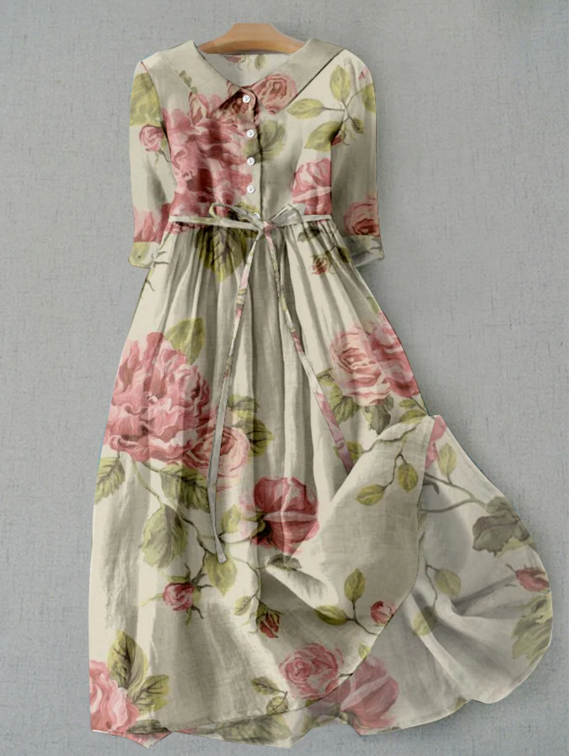 GR | Leinenkleid Mit Blumenmuster Und Knopfleiste Für Damen