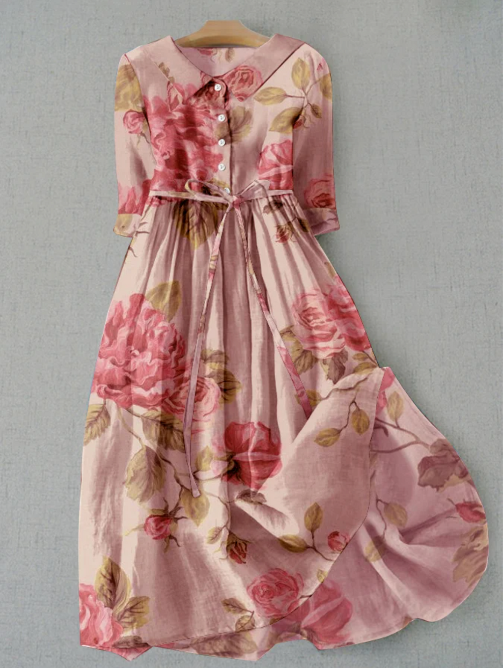 GR | Leinenkleid Mit Blumenmuster Und Knopfleiste Für Damen