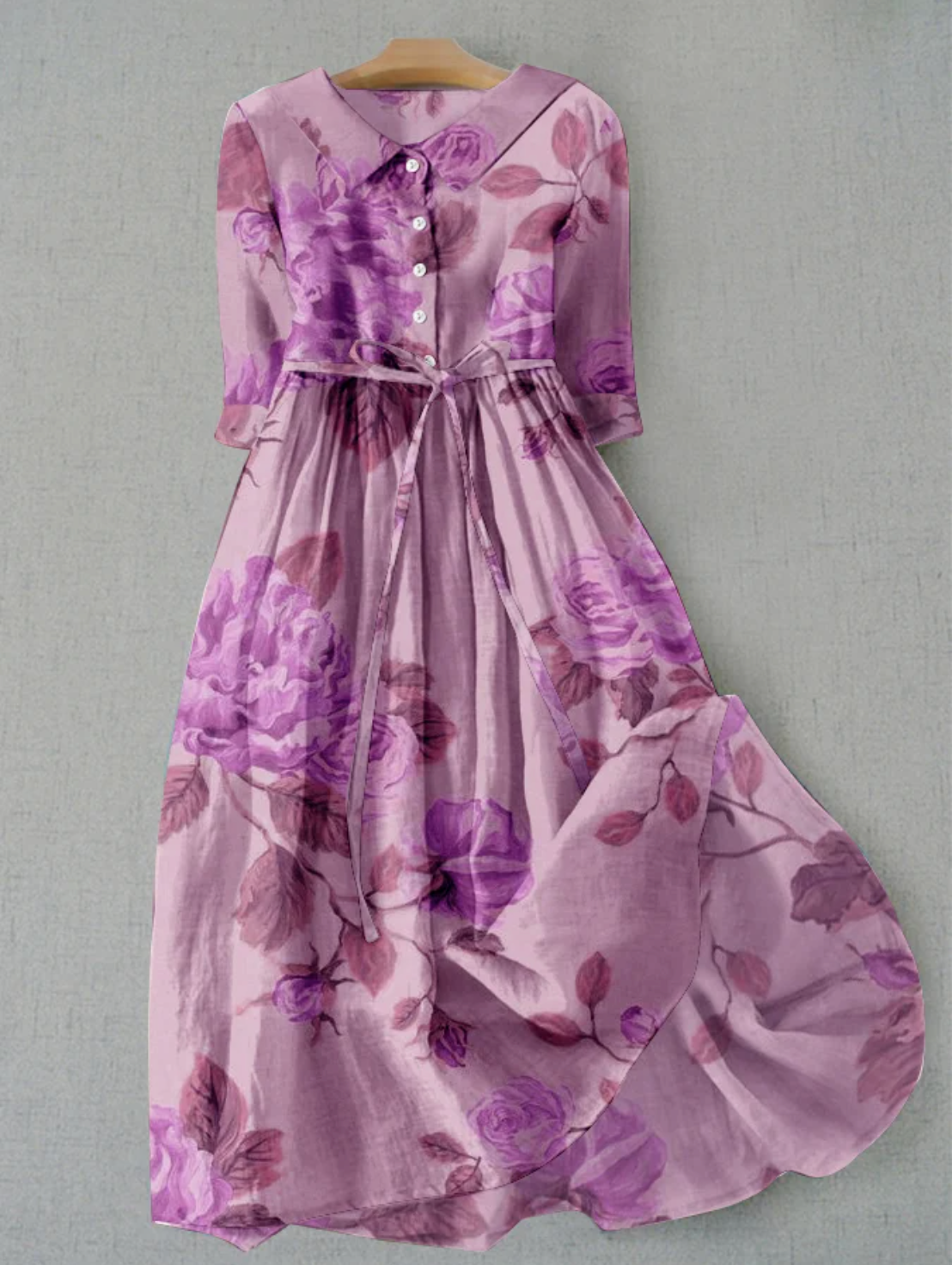 GR | Leinenkleid Mit Blumenmuster Und Knopfleiste Für Damen