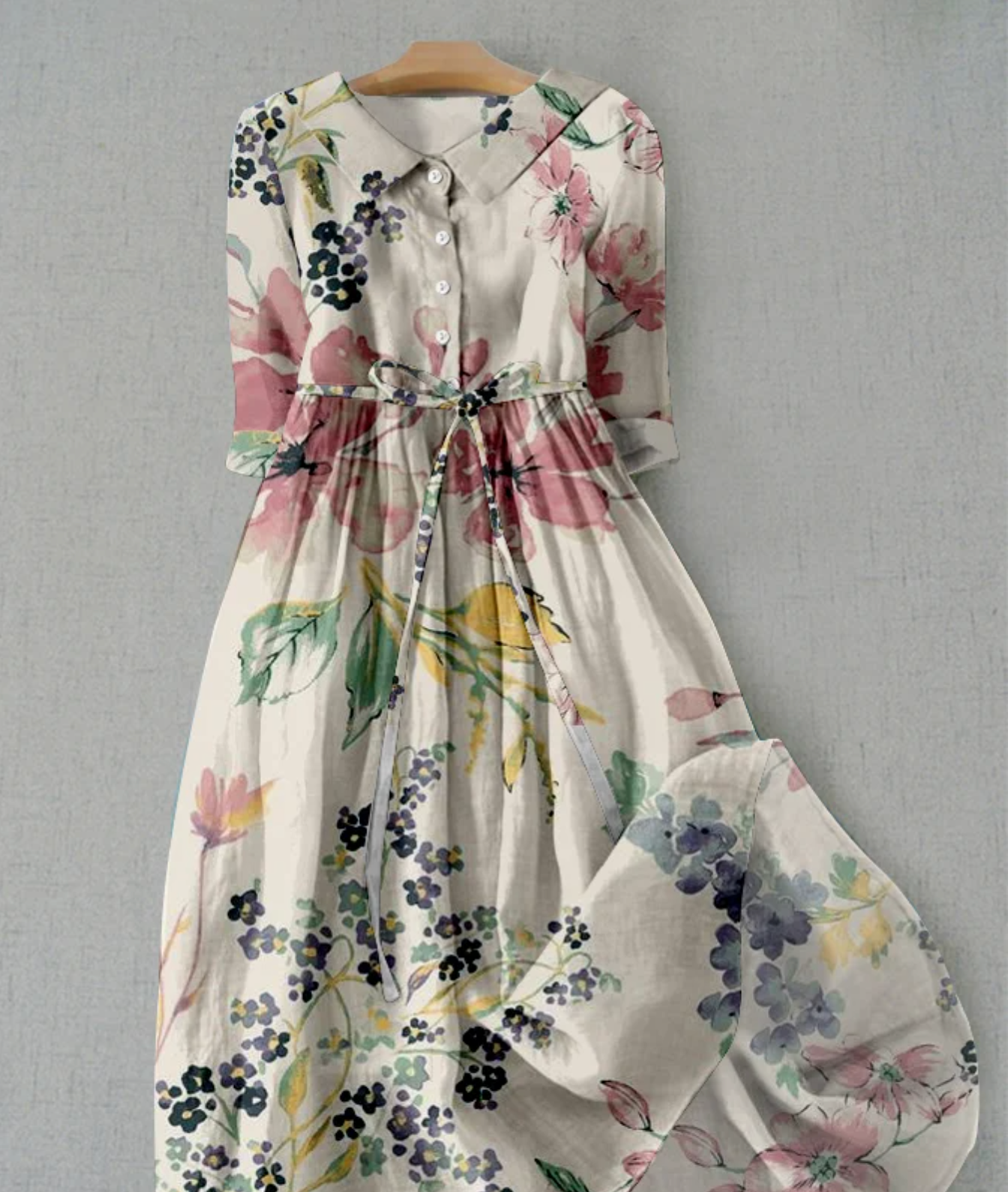 GR | Leinenkleid Mit Blumenmuster Und Knopfleiste Für Damen