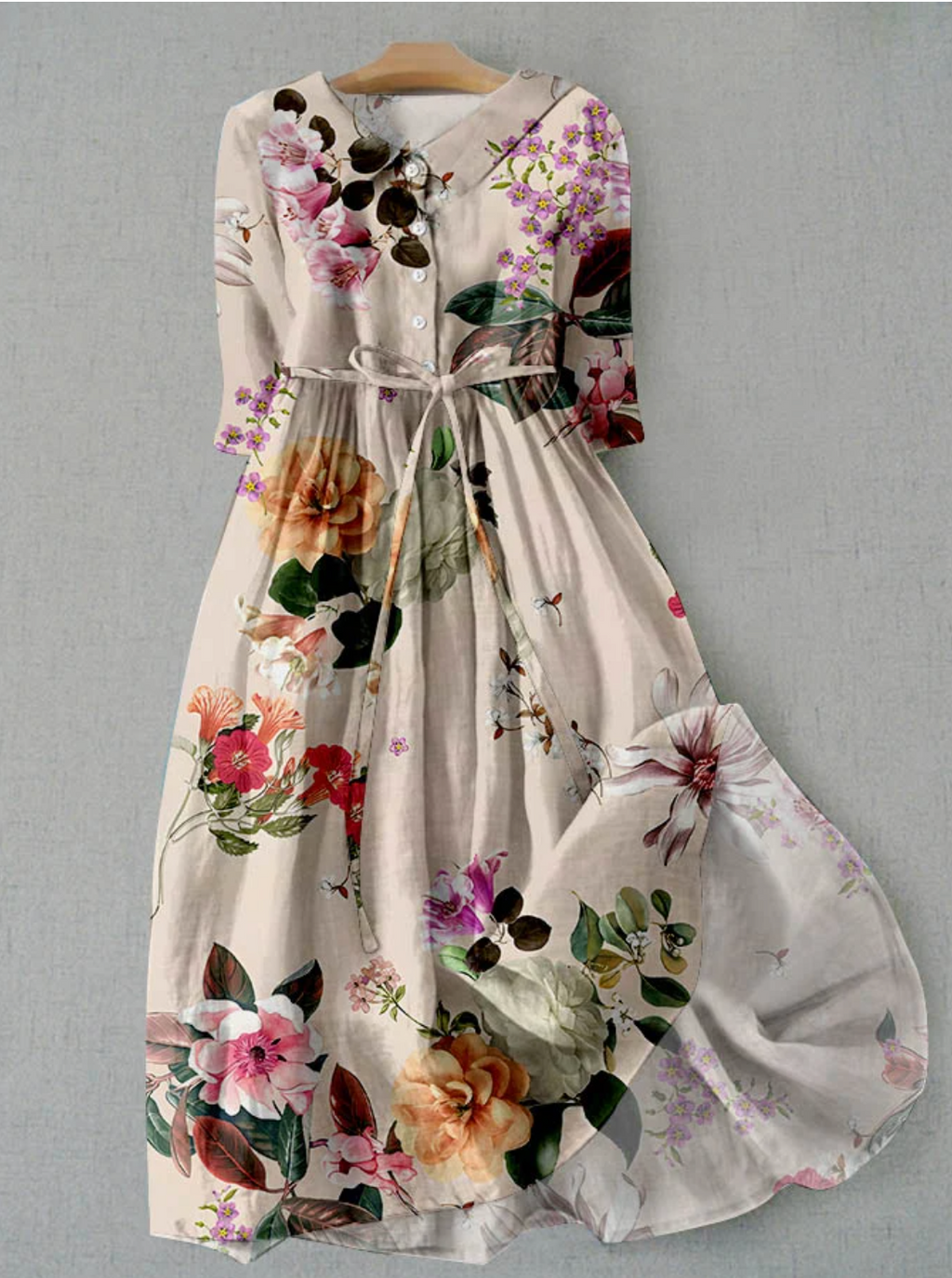 GR | Leinenkleid Mit Blumenmuster Und Knopfleiste Für Damen