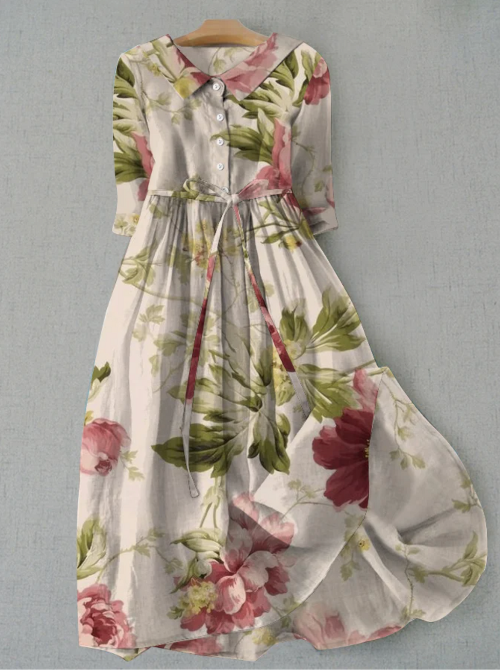 GR | Leinenkleid Mit Blumenmuster Und Knopfleiste Für Damen