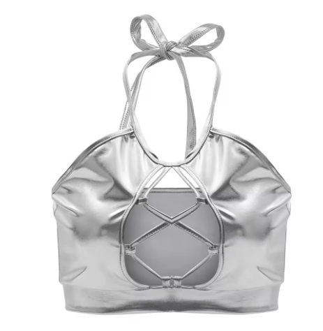 Women's sports bikini top with unique cut details and shimmering finish, size GR