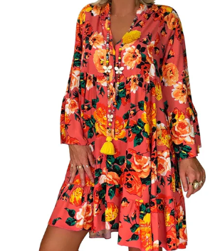 GR | Floral Print Boho Dress with Short Sleeves