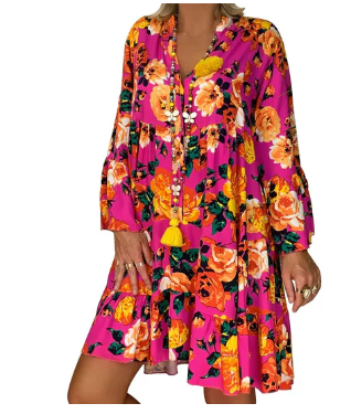 GR | Floral Print Boho Dress with Short Sleeves