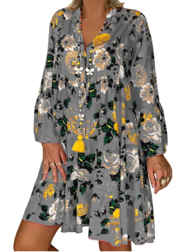 GR | Floral Print Boho Dress with Short Sleeves