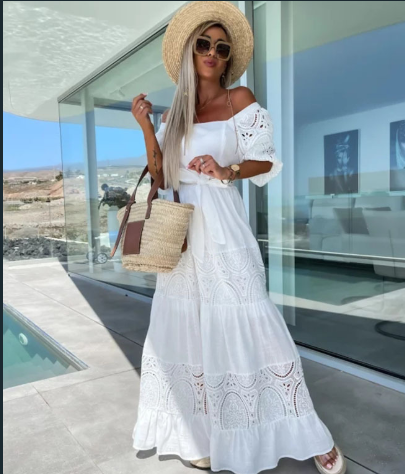 GR | Women's Woven Square Neckline Hollow Crochet Mosaic Casual Long Dress