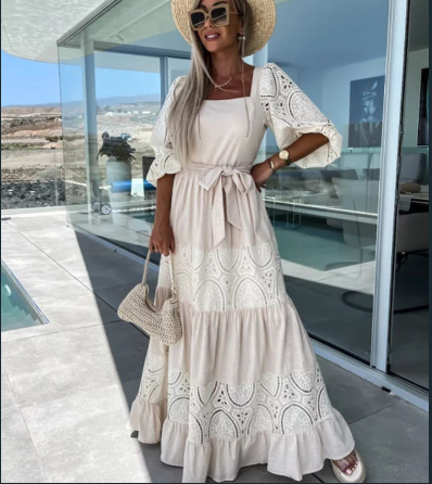 GR | Women's Woven Square Neckline Hollow Crochet Mosaic Casual Long Dress