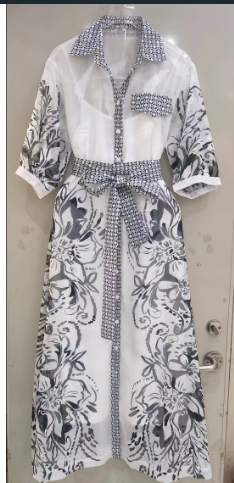 Long-sleeved linen shirt dress with button placket