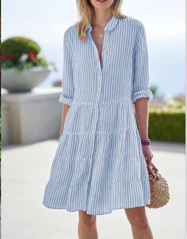 Women's checked midi blouse with button placket and flared skirt, size GR