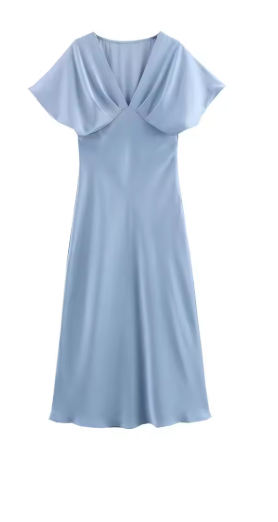 Women's elegant midi dress with puff sleeves and a figure-hugging cut, size S