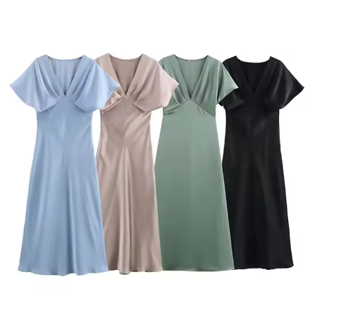 Women's elegant midi dress with puff sleeves and a figure-hugging cut, size S