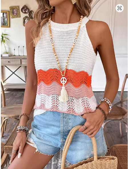 GR | Sleeveless knit top with wavy stripe pattern for women