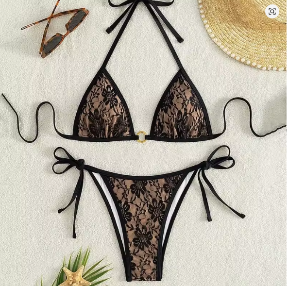 GR | Lace patchwork V-neck bikini set