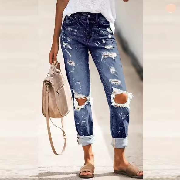 Damen Destroyed Jeans mit hohem Bund und lässigem Schnitt GR