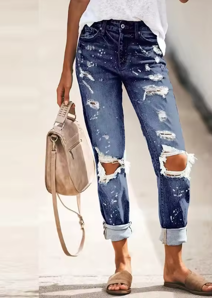 Damen Destroyed Jeans mit hohem Bund und lässigem Schnitt GR