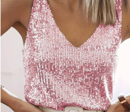 GR | Women's Glitter Sequin V-Neck Sleeveless Shirt Top