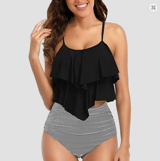 GR Tankini set with tummy-shaping leaf pattern