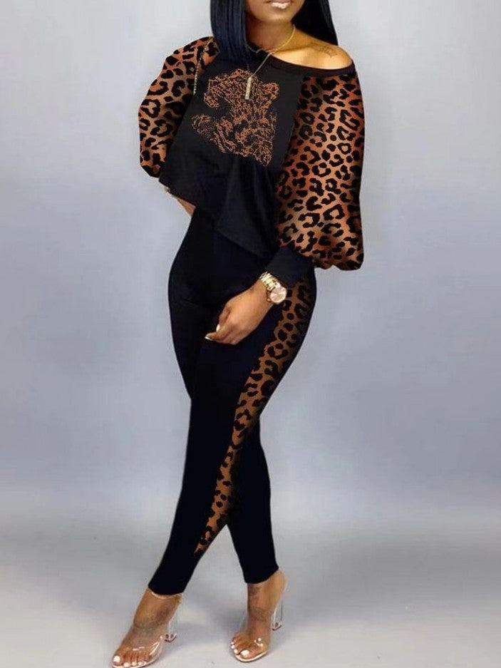 Damen Athleisure Set mit modischen Leopardenärmel und Slim Fit GR