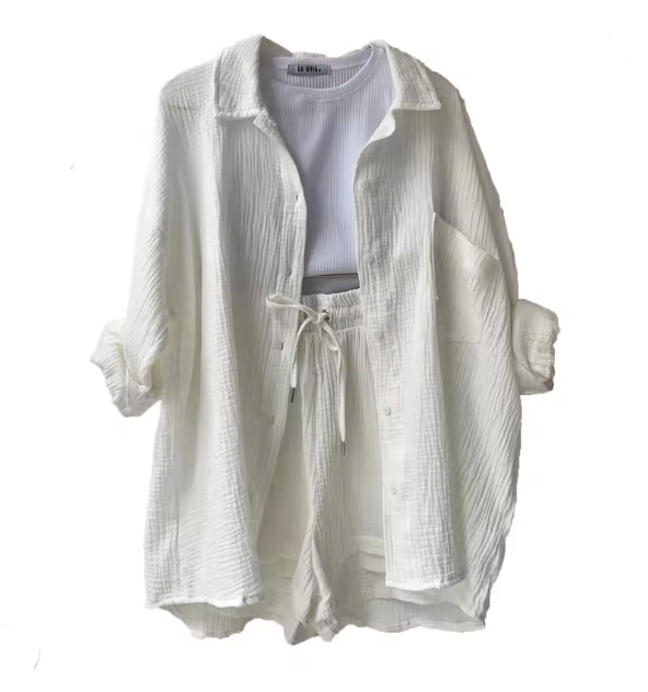 GR | Women's Solid Color Lapel Collar Shirt & Shorts Two-Piece Set 