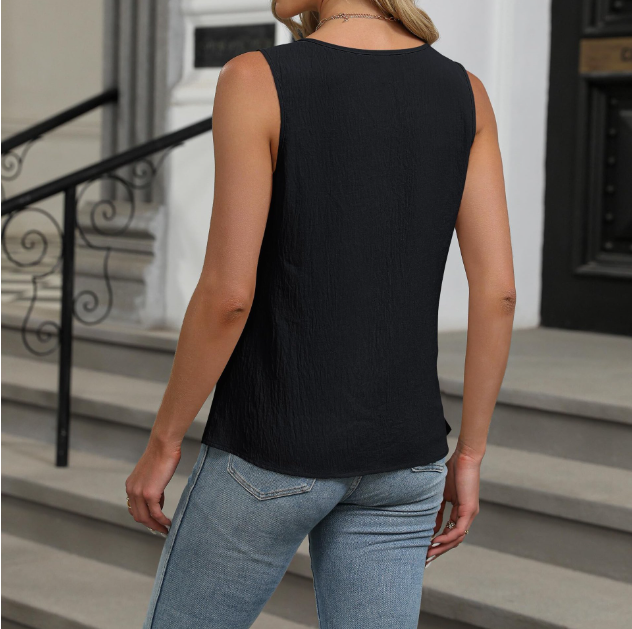 Women's sleeveless top with ruffle details and V-neck, size