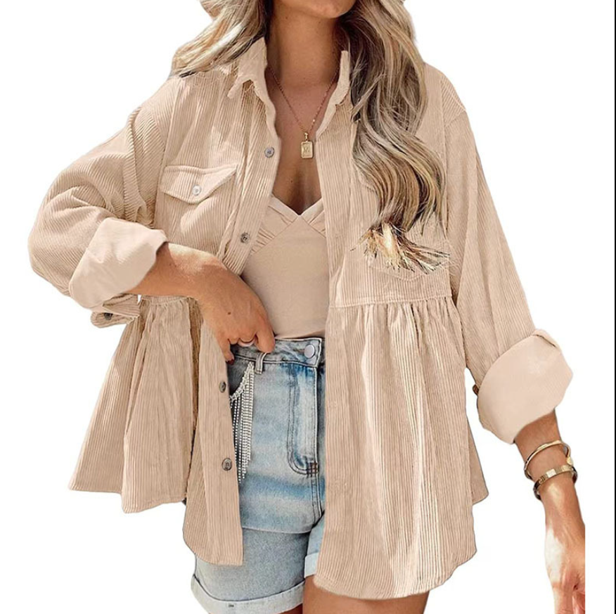 Women's oversized ribbed shirt with chest pockets and a stylish collar, size S