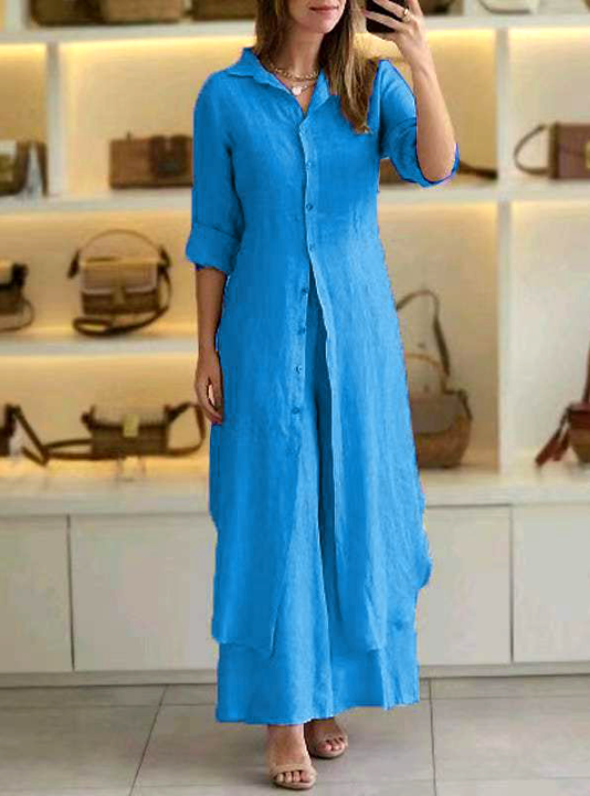 GR | Casual Solid Color Button-Up Shirt Collar Long Sleeve Two-Piece Set - 7 Colors