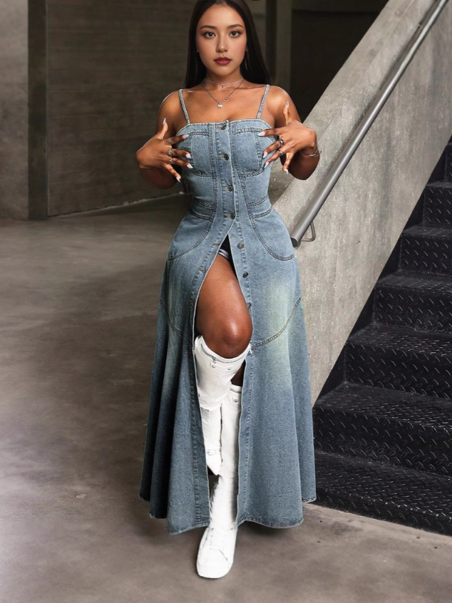 GR | Vintage Denim Spaghetti Strap Dress with Square Collar