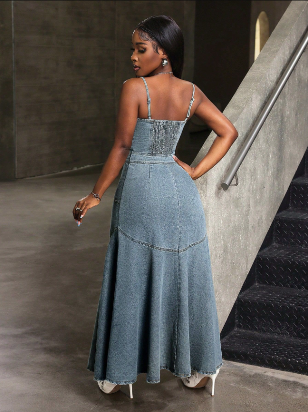 GR | Vintage Denim Spaghetti Strap Dress with Square Collar