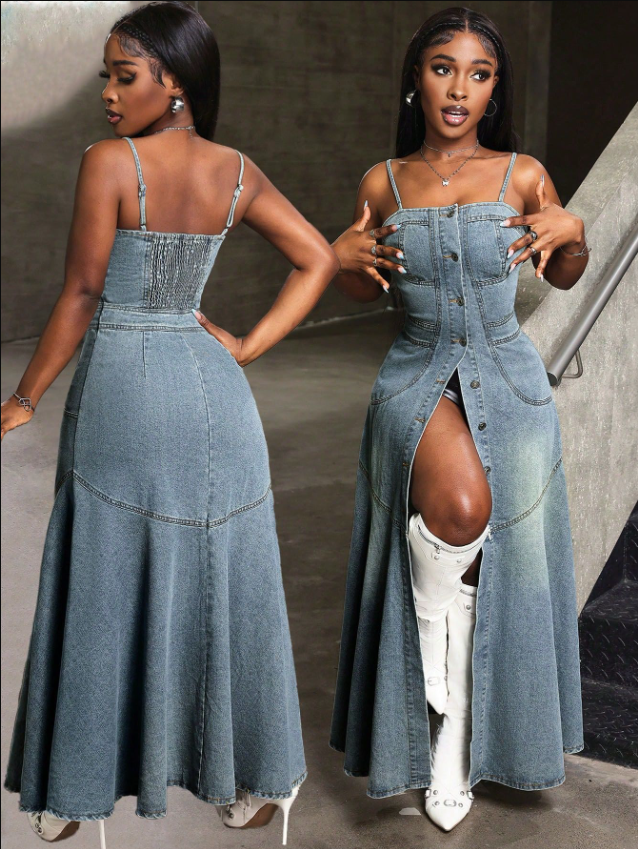 GR | Vintage Denim Spaghetti Strap Dress with Square Collar