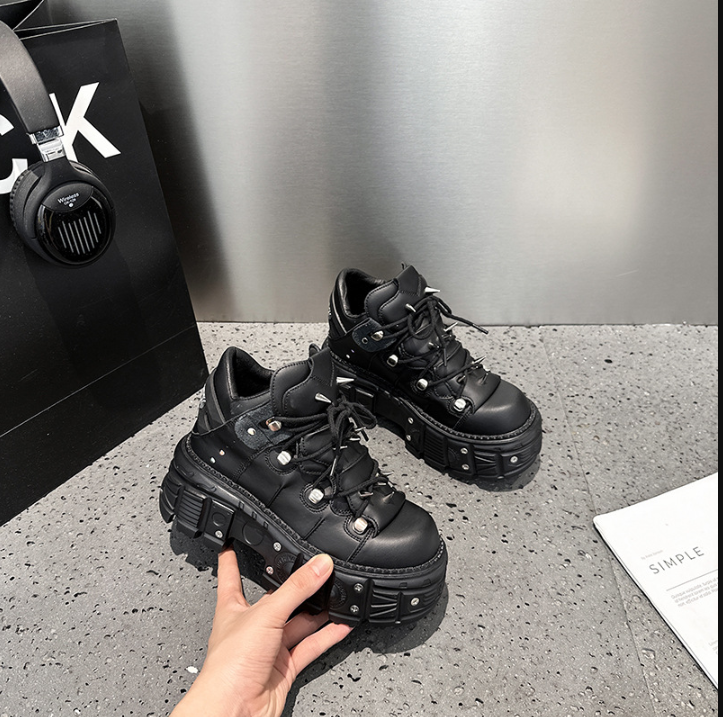 GR | Fashion Women's Ankle Boots, Thin Heels, Round Toe, Lace-Ups, Metal Decoration, Sneakers, Studded, Punk, Gothic, Rock Shoes