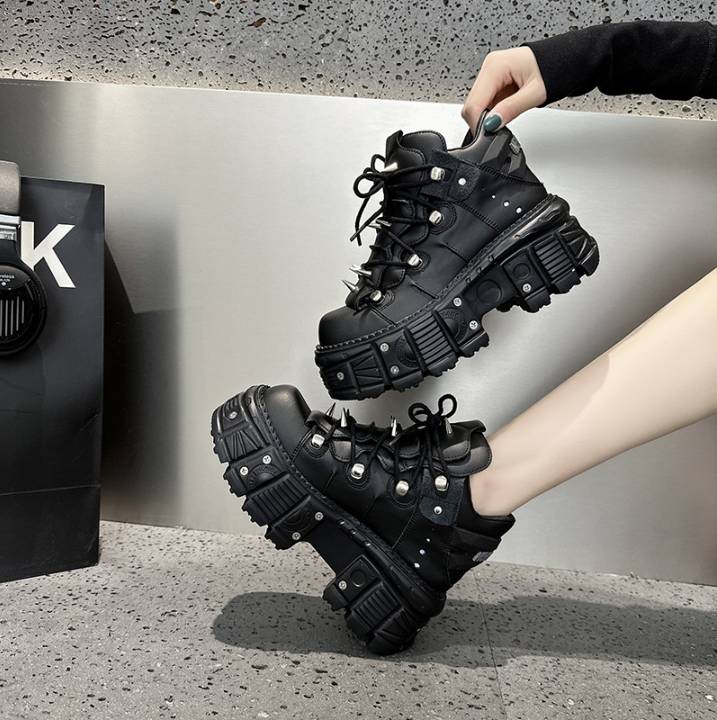 GR | Fashion Women's Ankle Boots, Thin Heels, Round Toe, Lace-Ups, Metal Decoration, Sneakers, Studded, Punk, Gothic, Rock Shoes