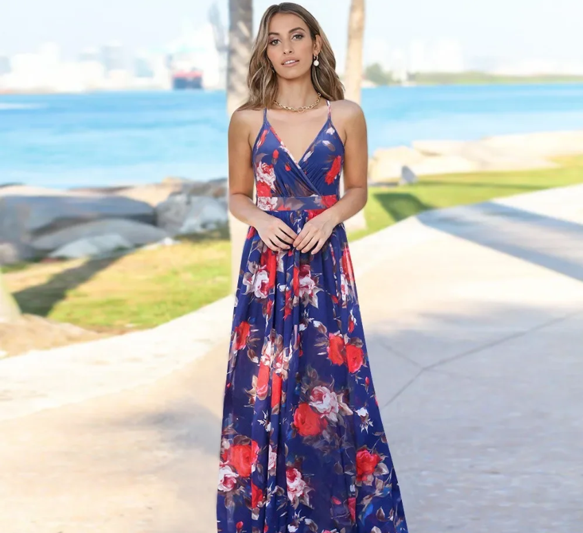 GR | Women's fashionable halter-print waist-slimming dress 