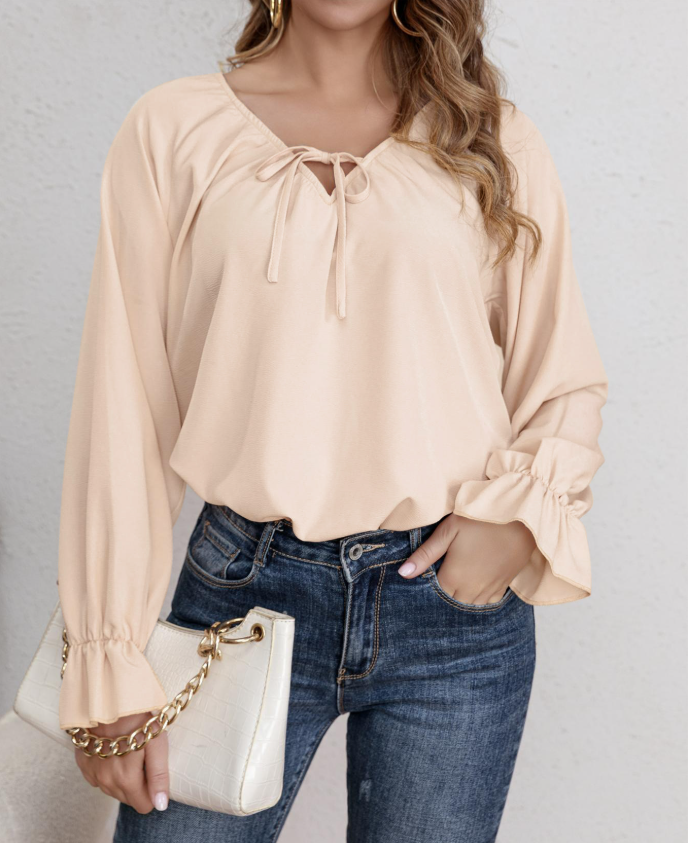 Damen Blusenshirt mit modischen Rüschendetails und verstellbarem Kordelzug GR