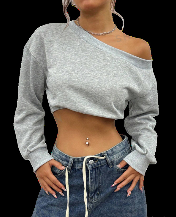 Women's casual cropped sweater with asymmetrical neckline, size