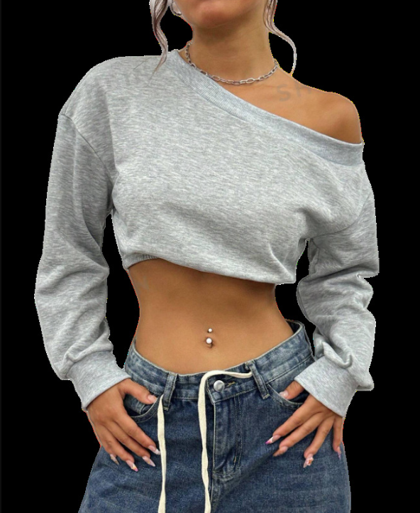 Women's casual cropped sweater with asymmetrical neckline, size