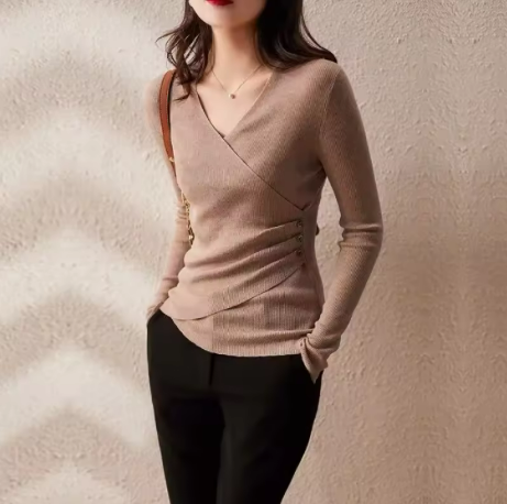 GR | Casual V-neck solid color knit top green 
