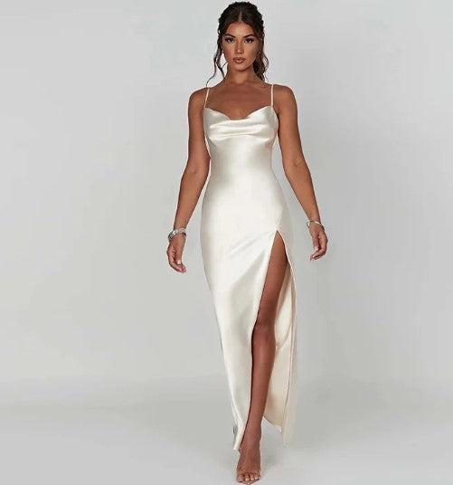 GR | White satin maxi dress with spaghetti straps
