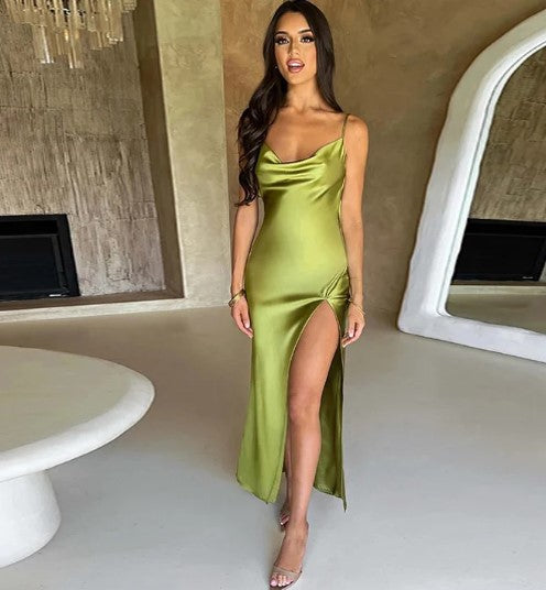 GR | White satin maxi dress with spaghetti straps