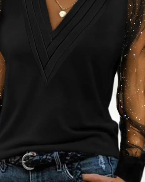 GR | Transparent, glittery mesh top with a V-neck