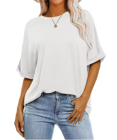 Women's casual oversized t-shirt in textured cotton with turn-up sleeves, size