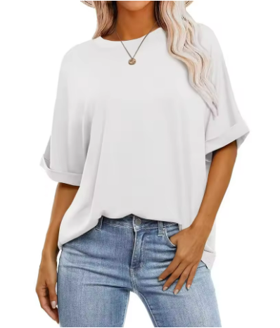 Women's casual oversized t-shirt in textured cotton with turn-up sleeves, size