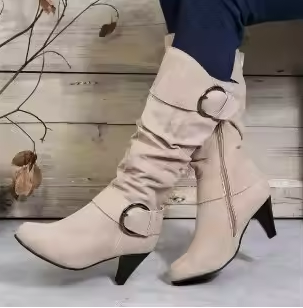 GR | Women's Knee-Length Boots with Zipper and Buckle Stylish High Boots