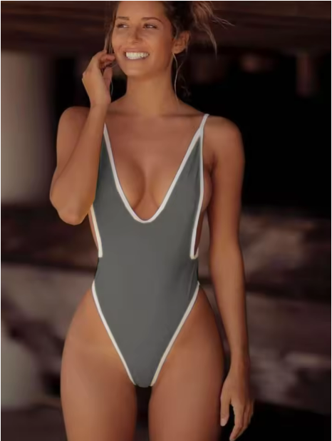 Women's high-cut one-piece swimsuit with contrasting seams, size [size]