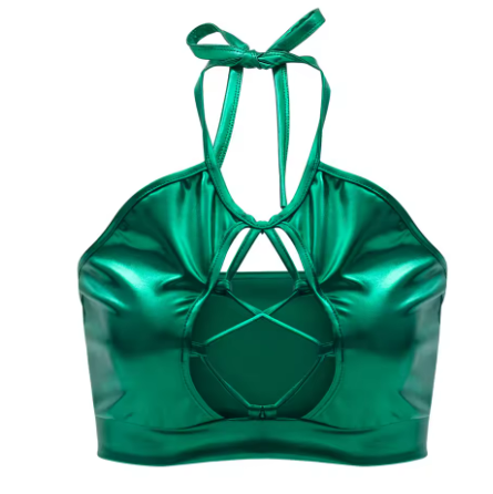 Women's sports bikini top with unique cut details and shimmering finish, size GR