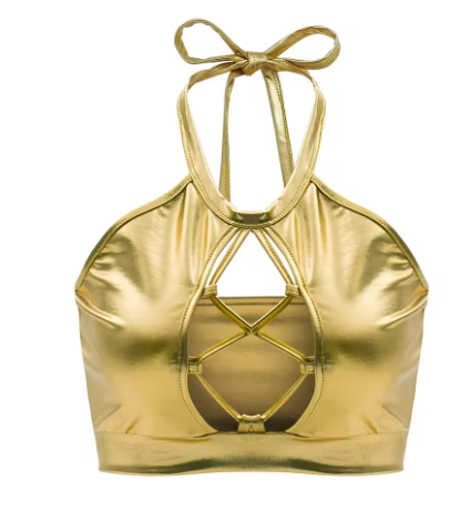 Women's sports bikini top with unique cut details and shimmering finish, size GR