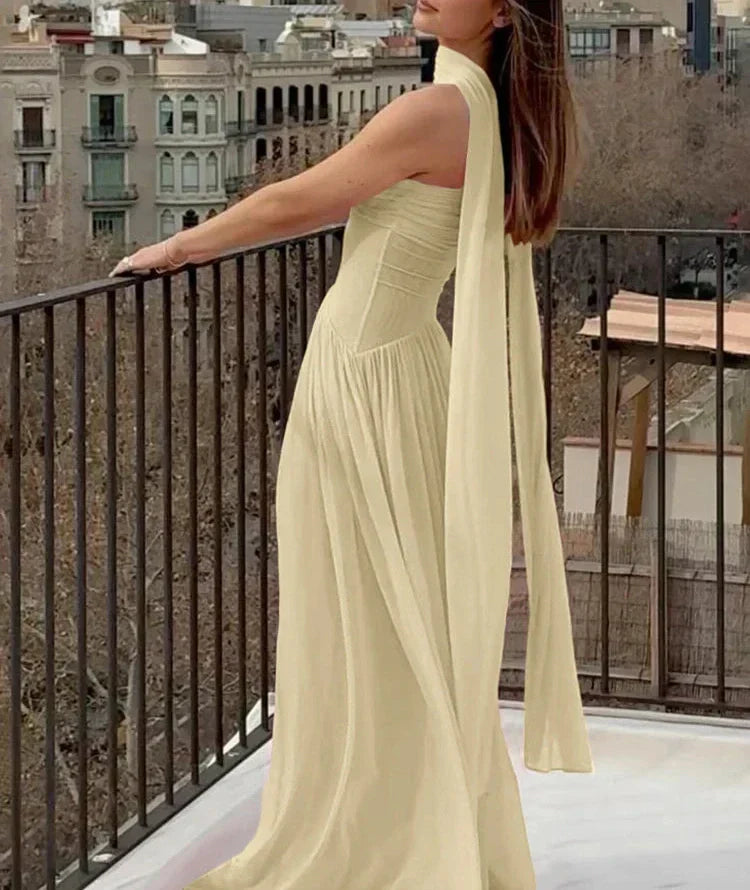 GR | Patchwork Maxi Dress Scarf Backless Strapless Ruffled Banquet